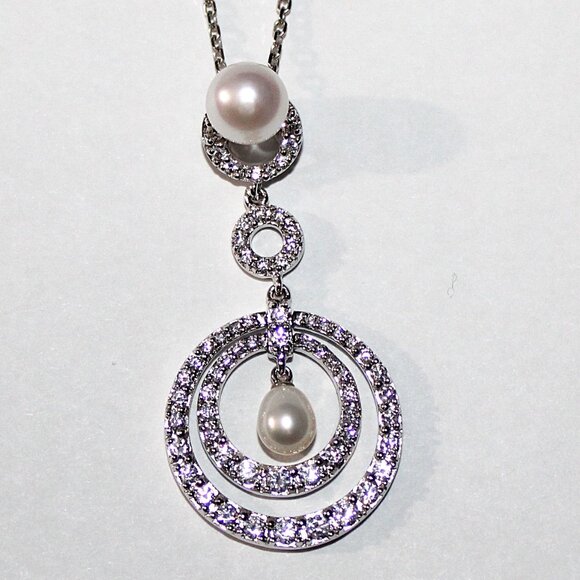 Jewelry - Sterling Silver Cultured Pearl Cubic Zirconia Circles Necklace